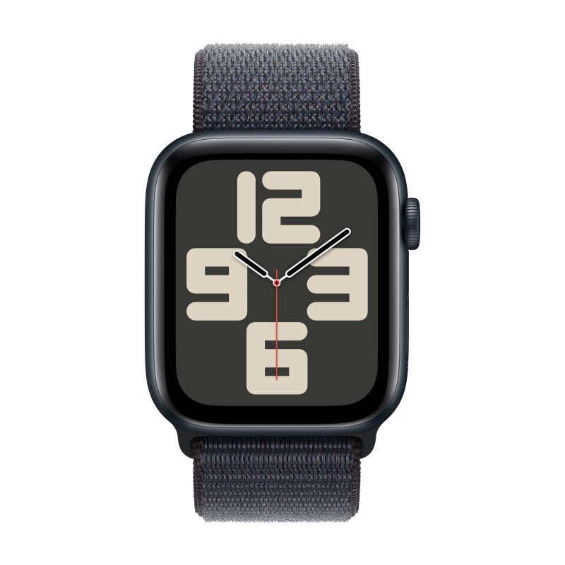 Apple Watch SE 2024, 44 мм, корпус из алюминия цвета «полуночный черный», спортивный браслет темно-синего цвета