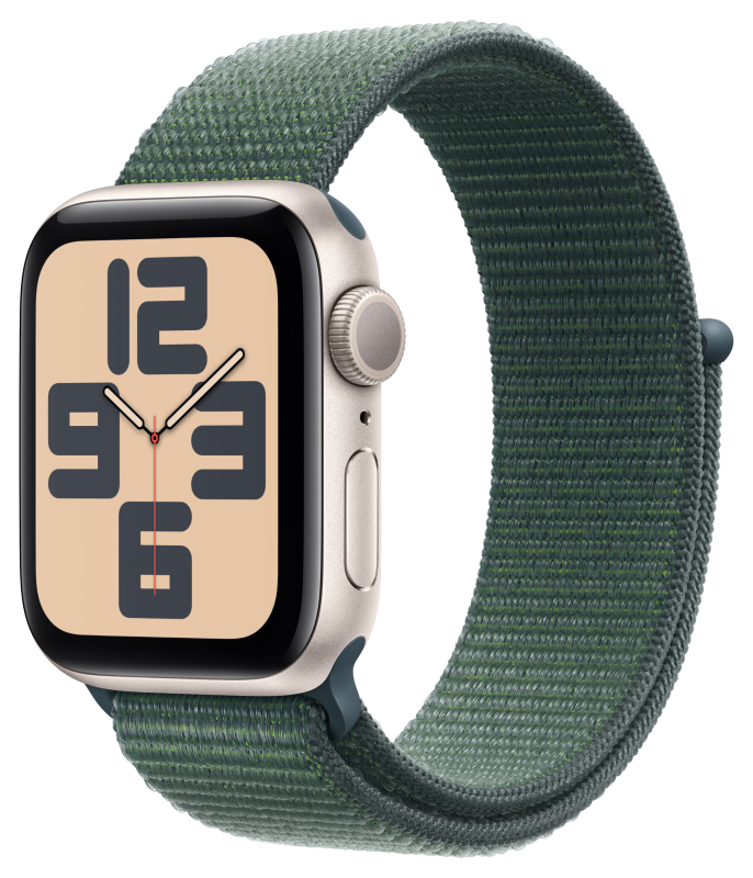 Apple Watch SE 2024, 40 мм, корпус из алюминия цвета «сияющая звезда», спортивный браслет зеленого цвета