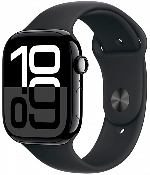 Apple Watch Series 10, 46 мм, корпус из алюминия цвета «чёрный глянец», спортивный ремешок черного цвета (S/M)